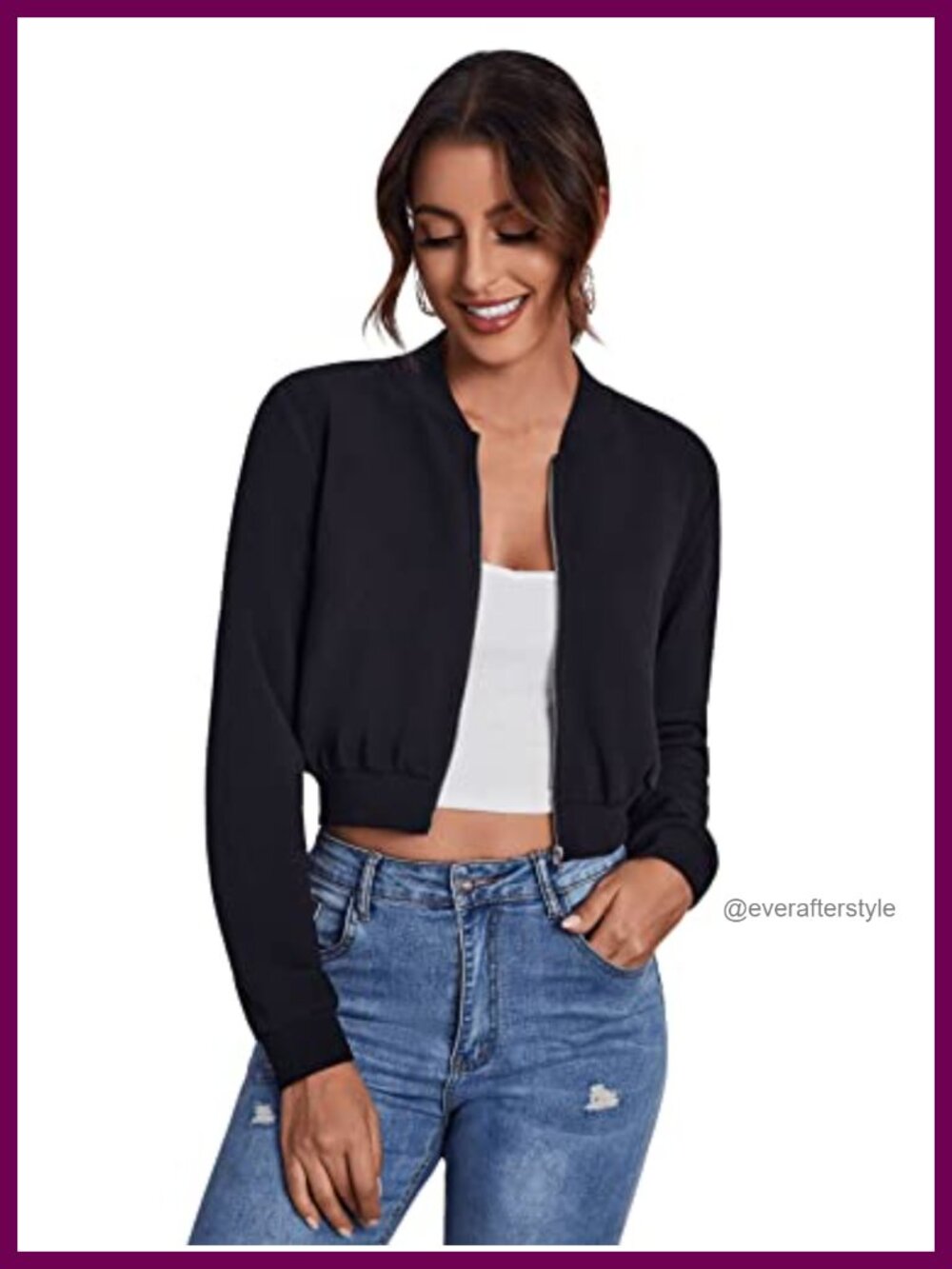 Women's Long Sleeve Zip Up Crop Bomber Jacket Casual Solid Polyester Coat